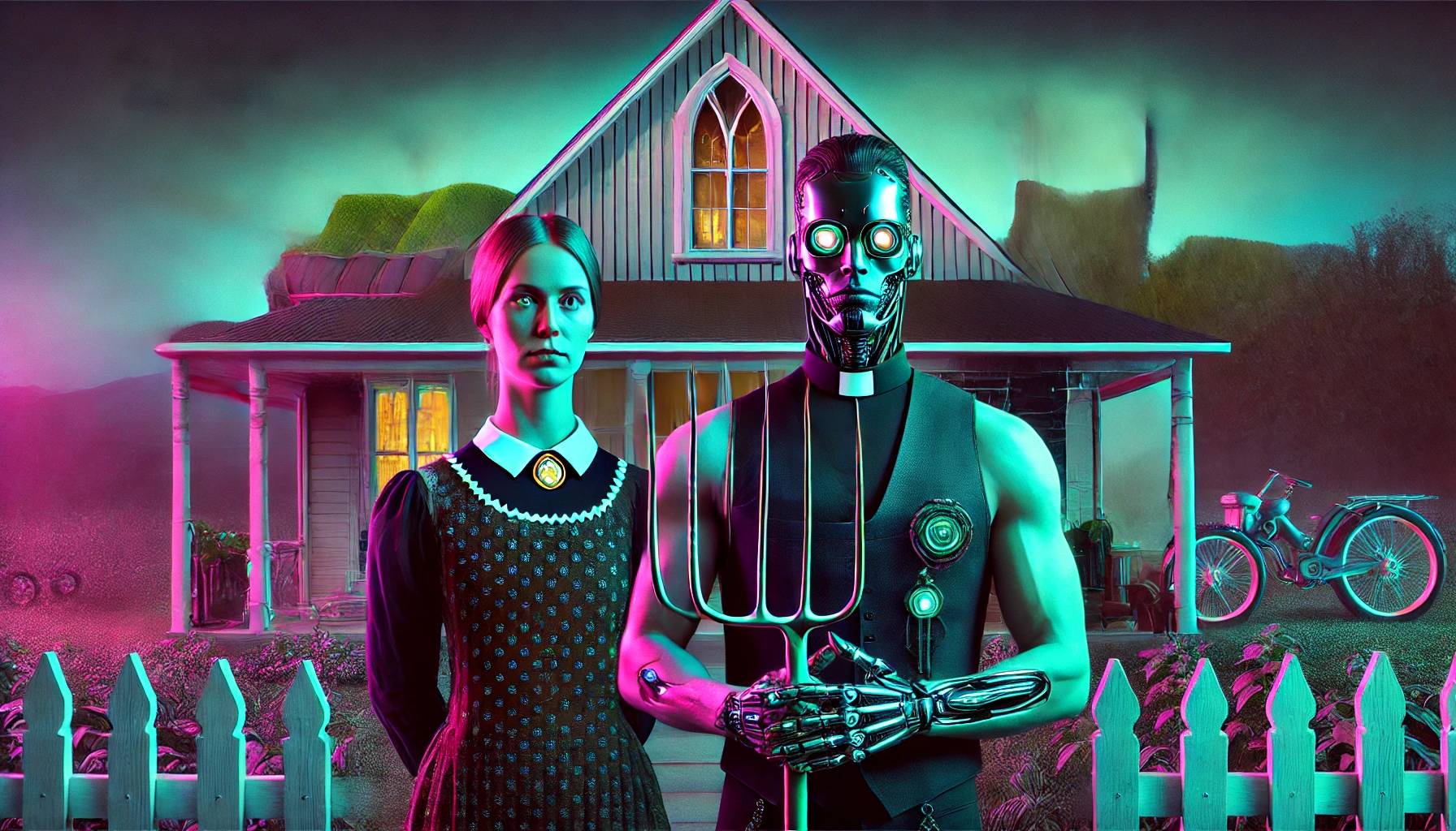 Cyborg pastor in front of this home with his wife.