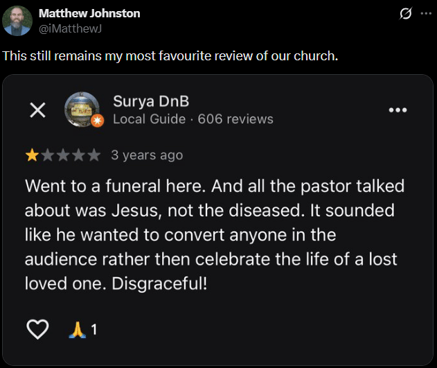 Screenshot of X post describing a bad review left for a church.
