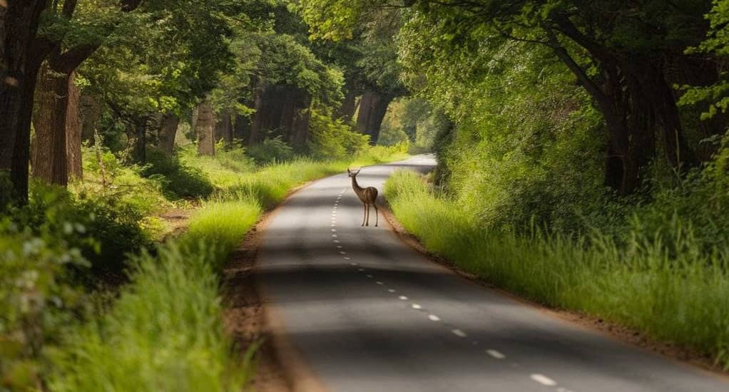 Dear crossing the road or road crossing the forest perspective