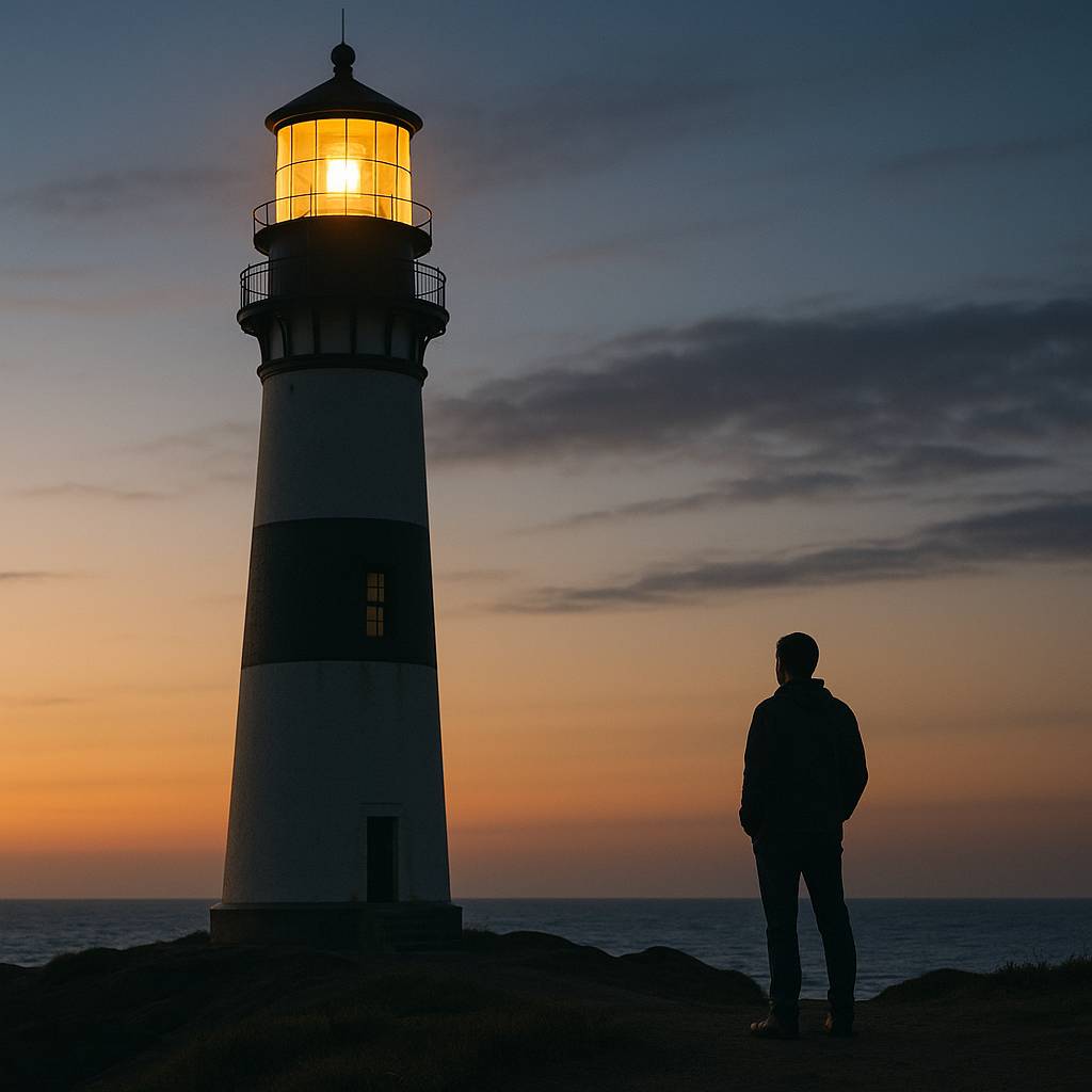 A man standing unders a light house with the light on