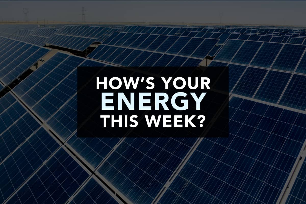 Rows and rows of solar panels. Over the top is the question (presented in bold white text) "How's your energy this week?