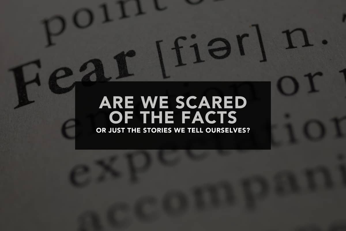 Page from a dictionary with a focus on the definition of the word 'fear'. Over the image is a panel of text that reads "Are we scared of the facts or just the stories we tell ourselves?"