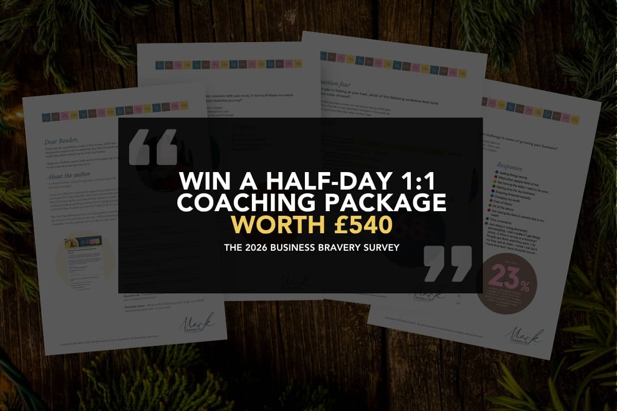 A fan of four pages from a fully-illustrated survey, with pie charts and statistics. Over the top is a panel of text that reads. "Win a half-day 1:1 coaching packages worth £540"