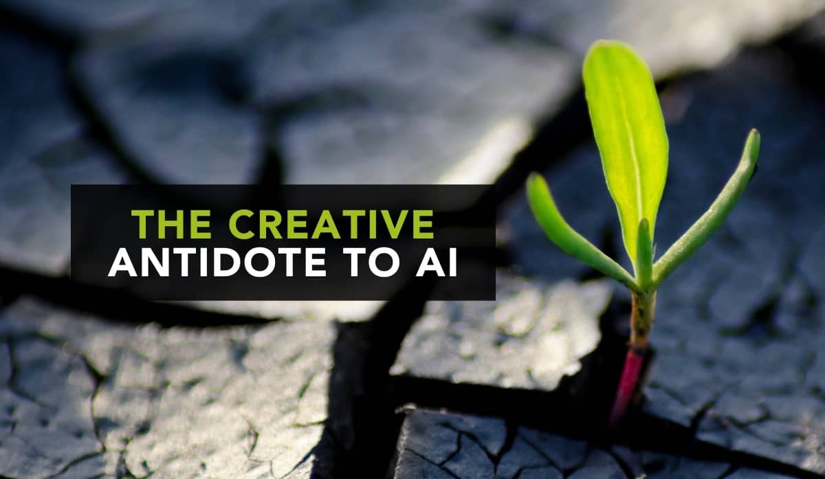 A green seedling pushing through cracked dry earth representing the creative antidote to AI and human creativity flourishing regardless of its environment.