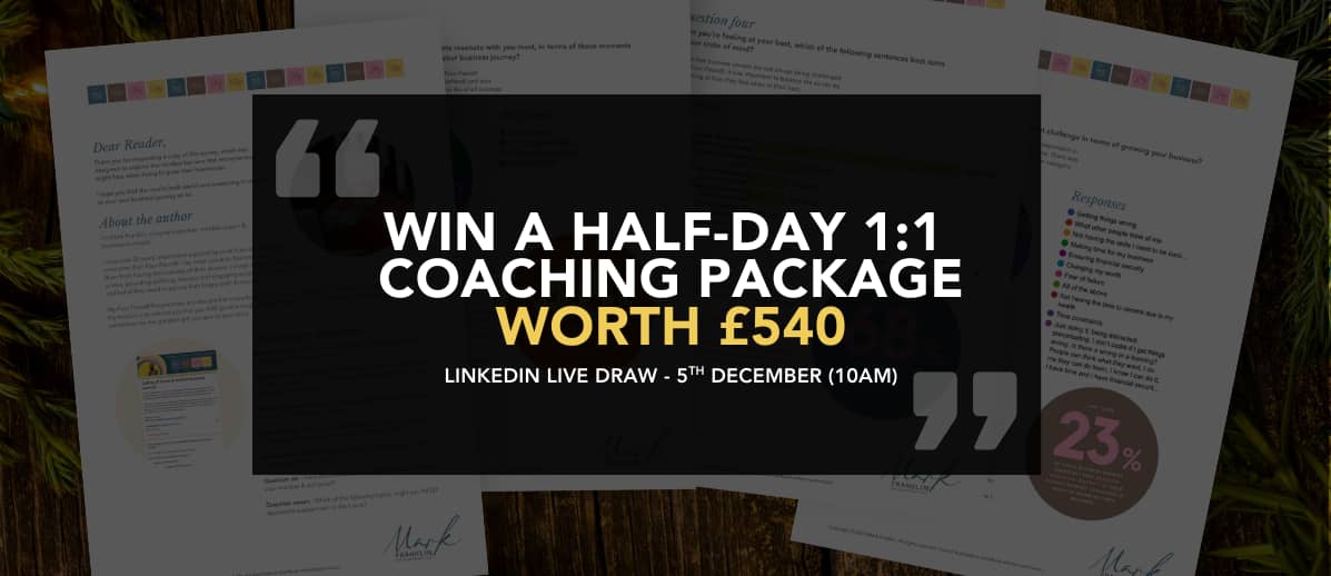 A fan of pages from a survey report. Overlaid is the text "Win a half-day 1:1 coaching package worth £540" with reference to a live draw on LinkedIn