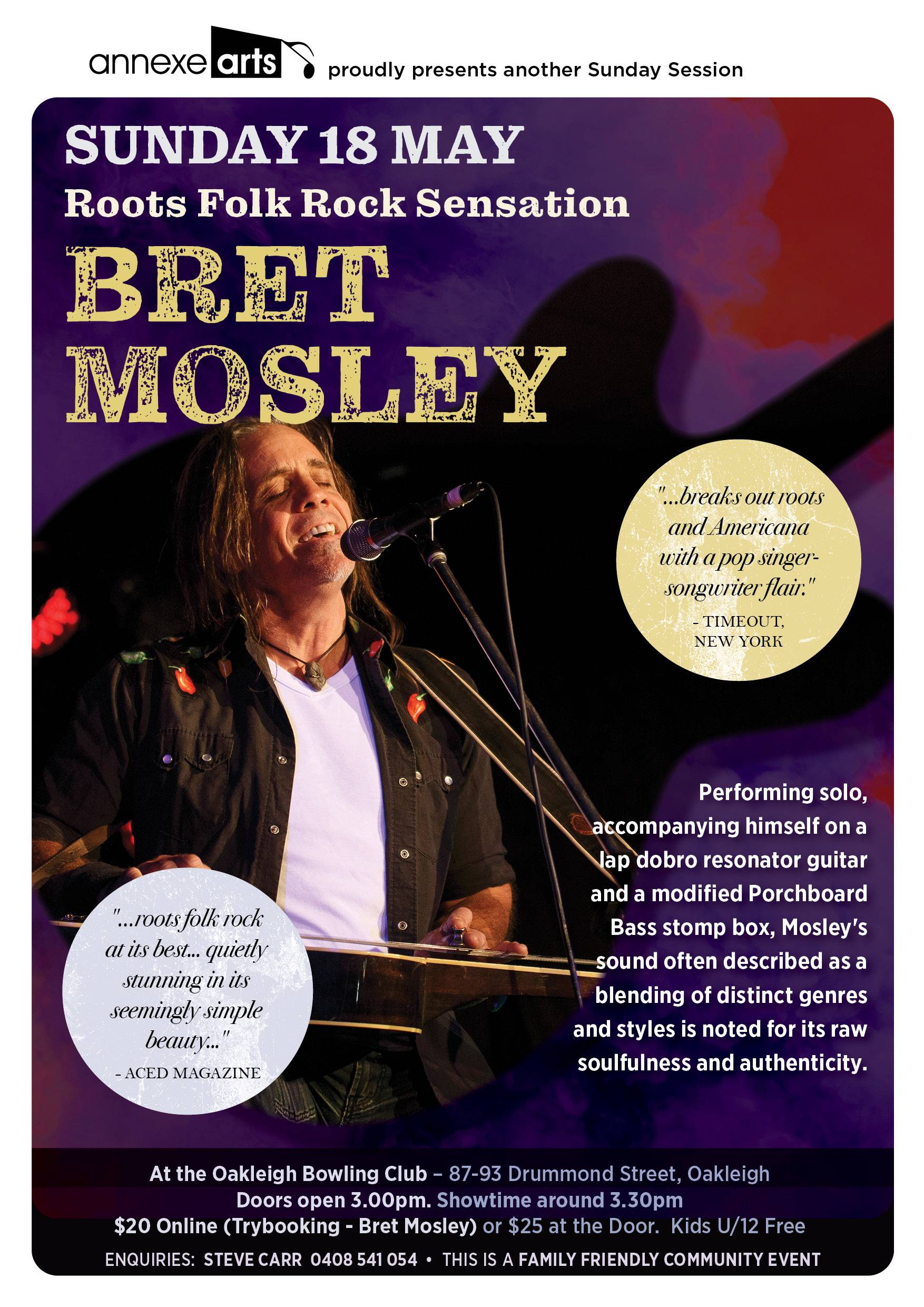 flyer showing Bret Mosley onstage, with show information and bio blurbs