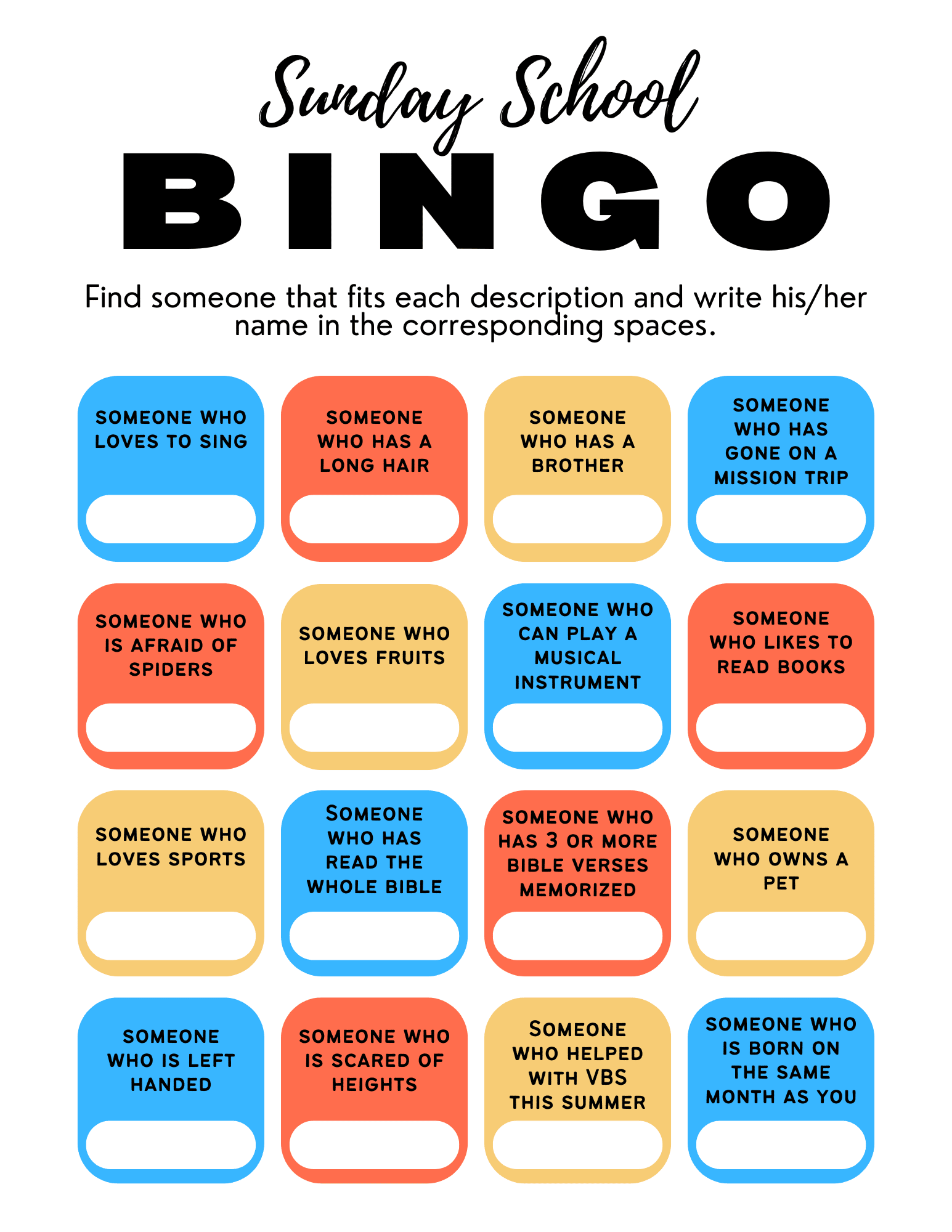 Get to Know you Bingo for Sunday School Lesson - Icebreaker for Youth Group, Sunday School Class, or Women's Ministry