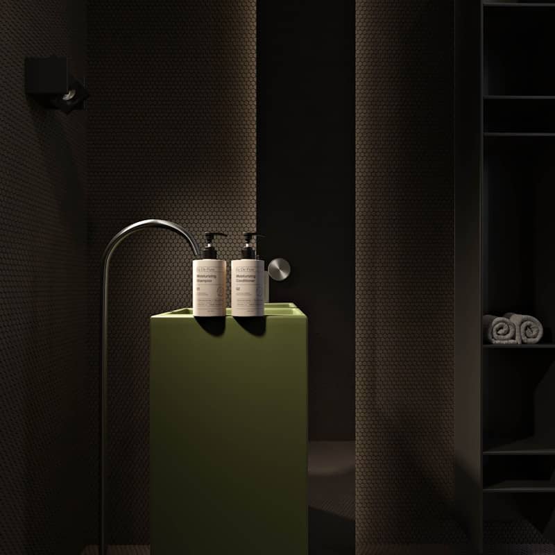 Elegant bathroom with dark walls and olive accent.