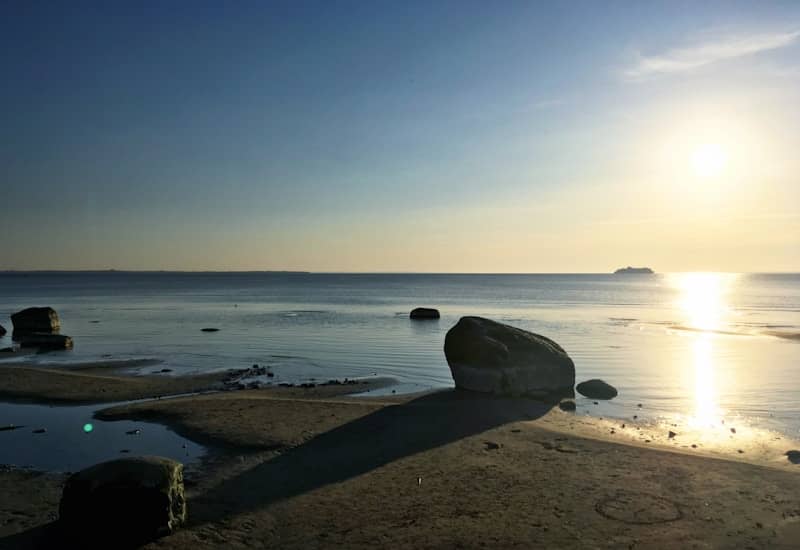 Sunlight reflects on a calm sea at sunset.