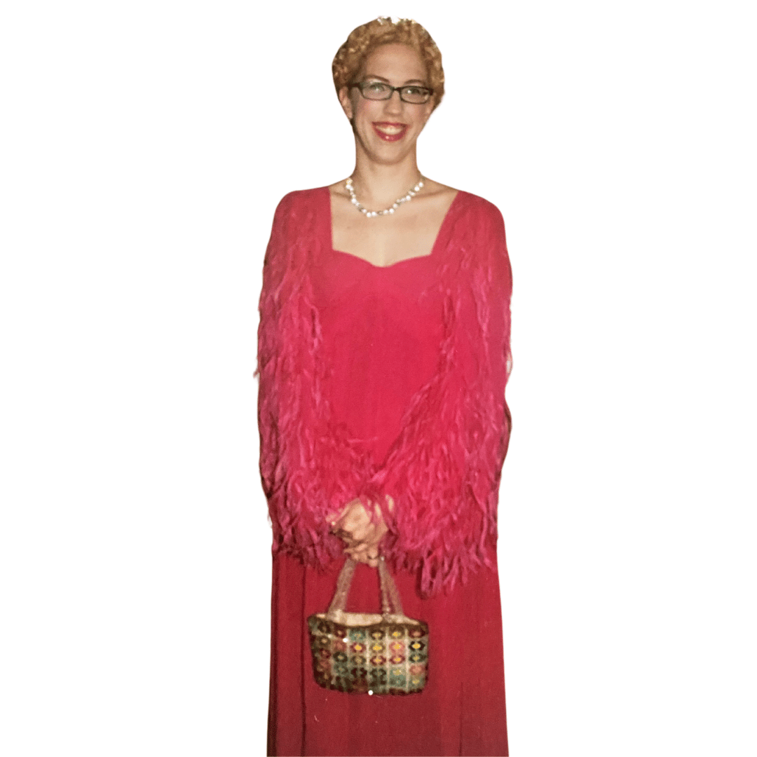 Marcia in a pink maribou Givenchy gown in 2005