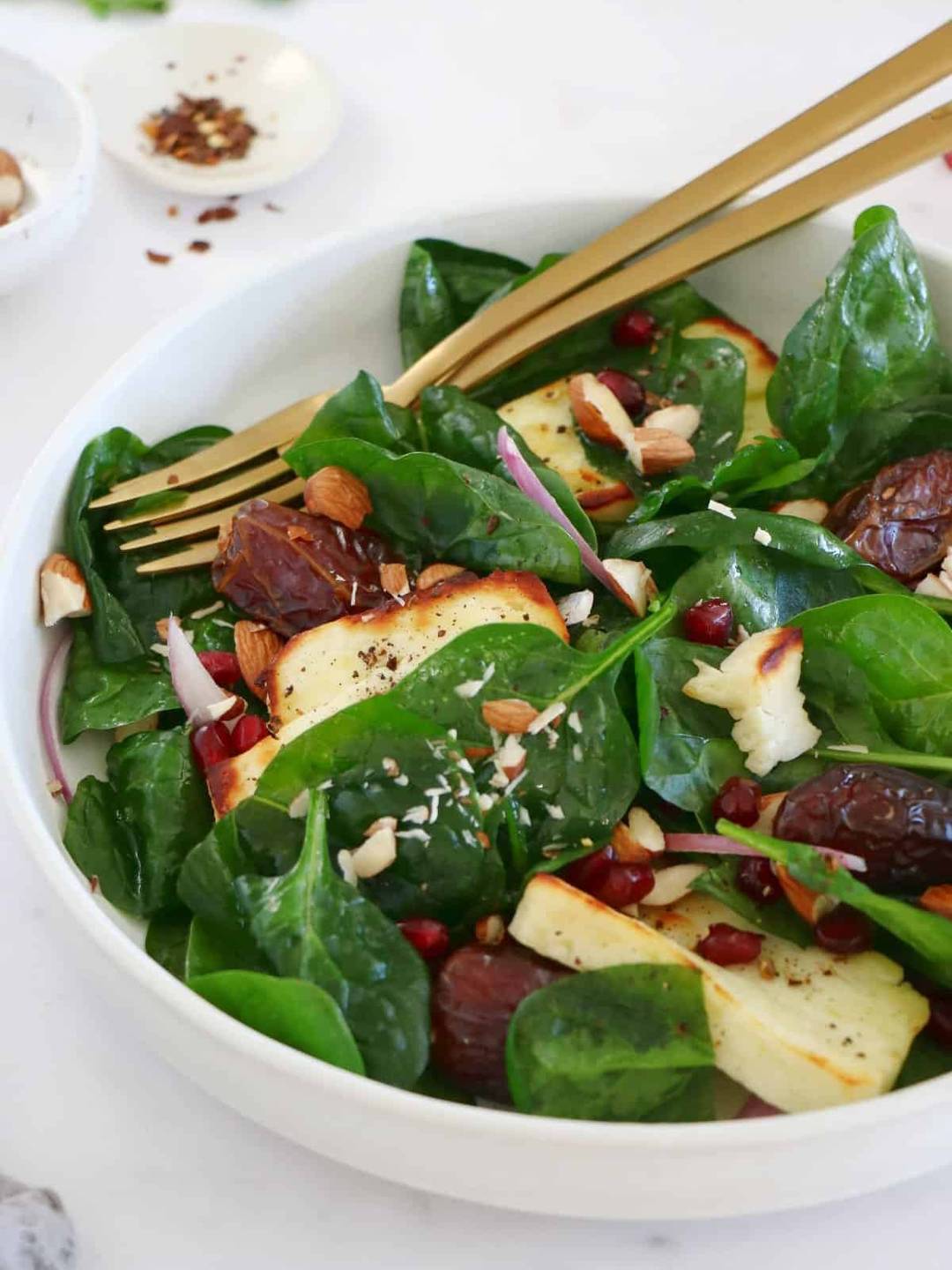 Grilled Halloumi Spinach Salad with Dates