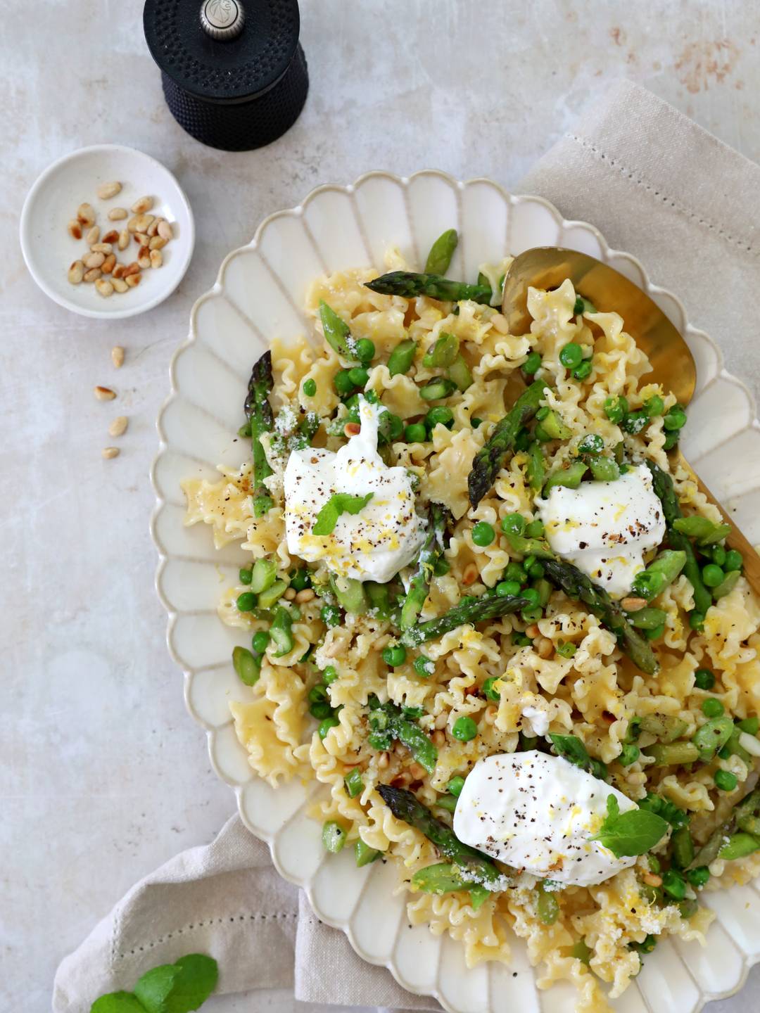 Spring Pea and Asparagus Pasta with Burrata