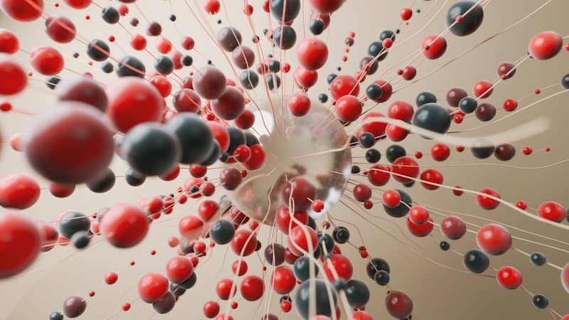 Abstract network of red and black spheres with tendrils.