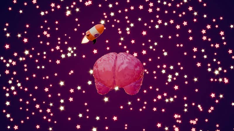 Rocket ship blasts off from a brain in space