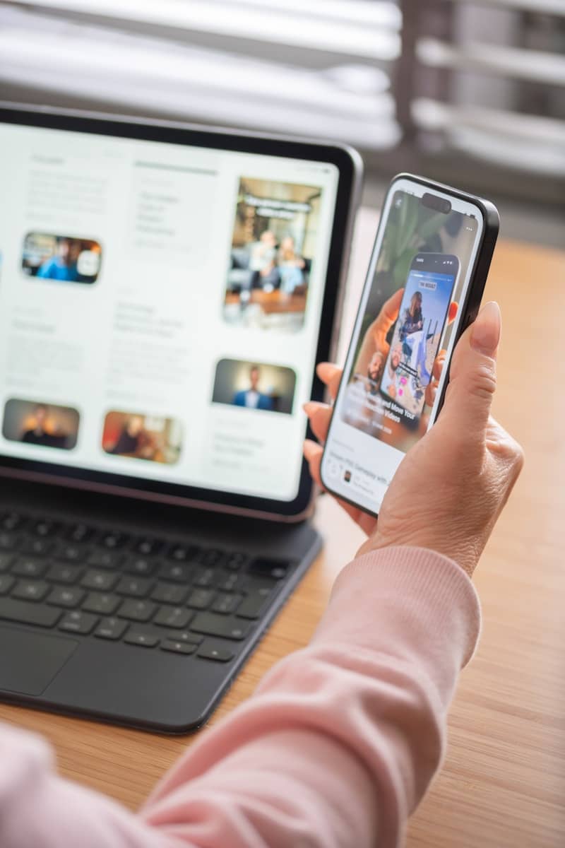 Hand holding smartphone displaying content, with tablet and keyboard.