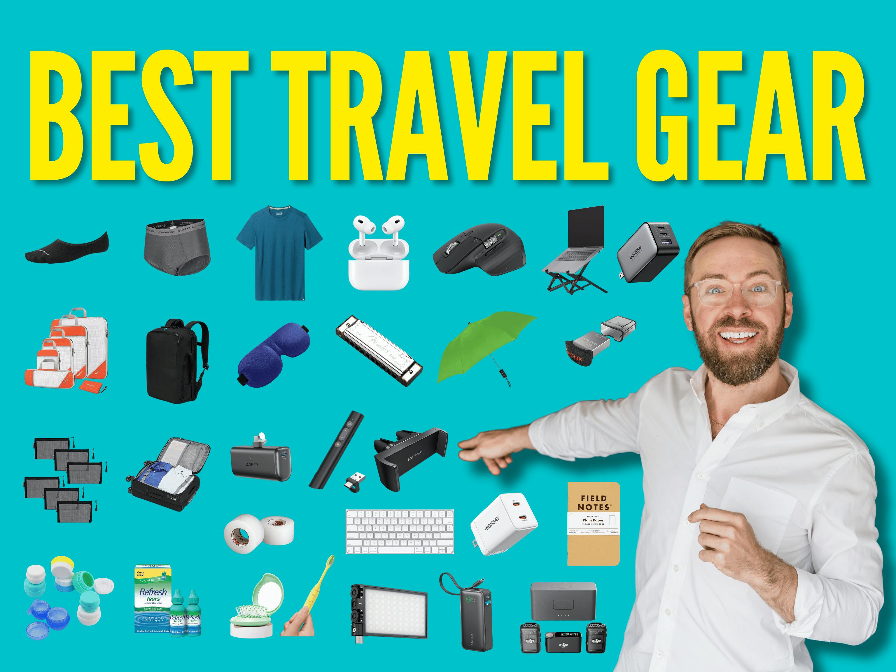 Header text: Best Travel Gear, and a headshot of Nick Gray pointing to all items in his travel gear