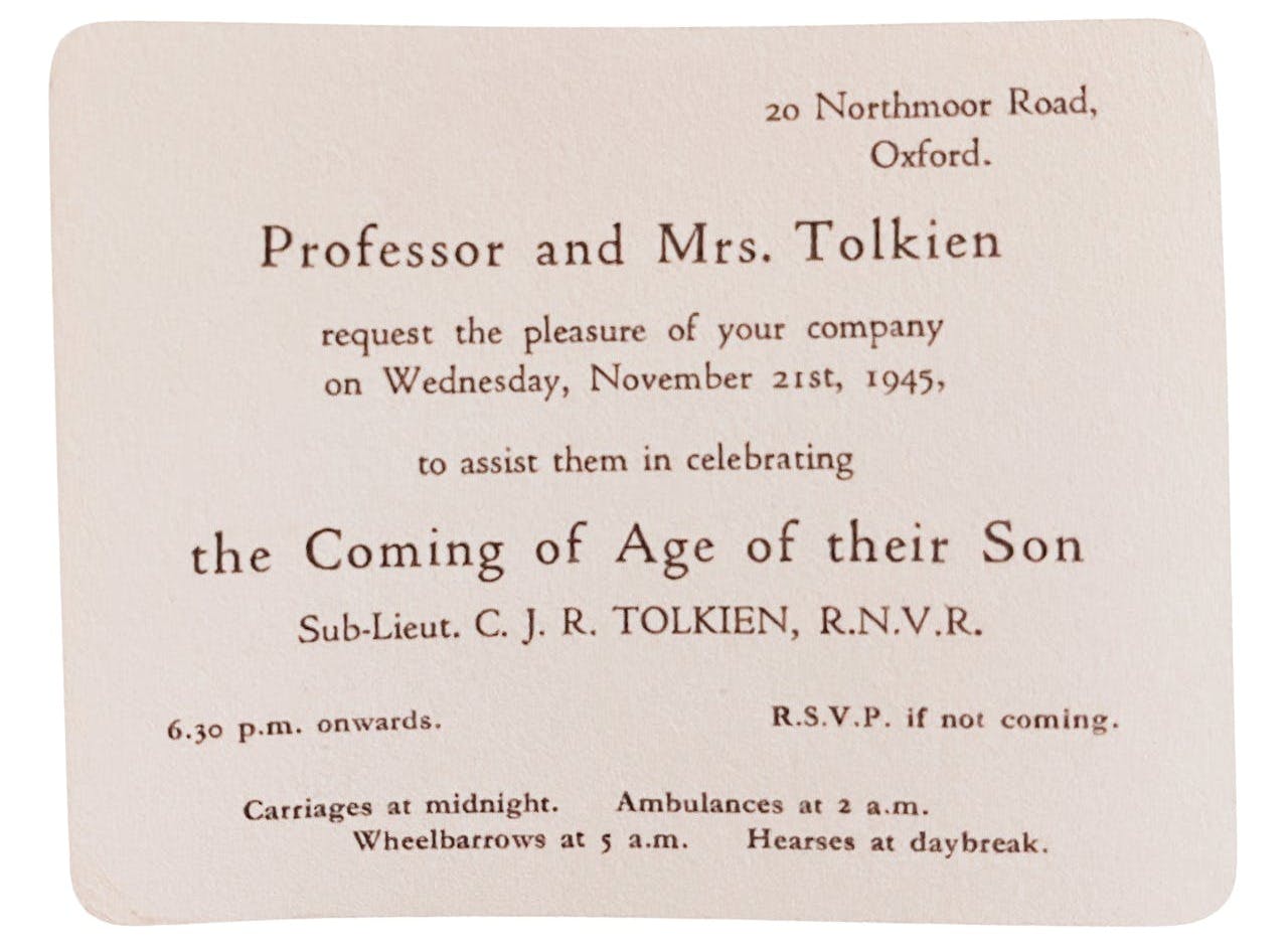 scanned invitation of Christopher Tolkien’s 21st birthday