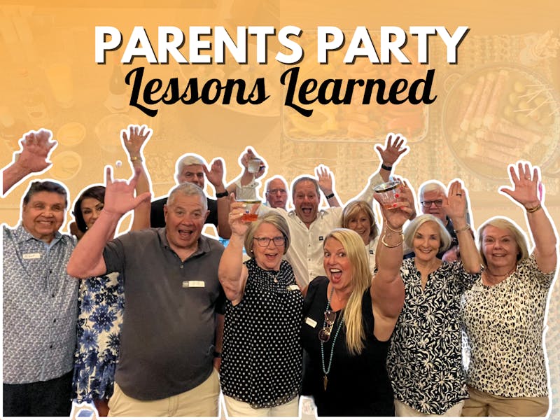 parents party lessons learned group photo in an orange gradient background