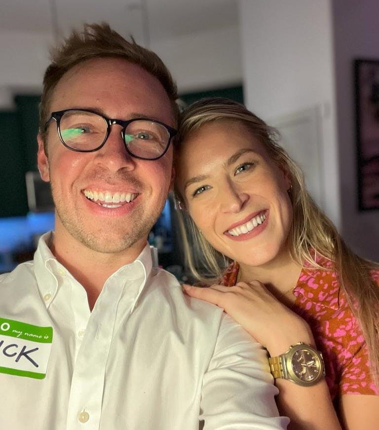 a photo of Nick Gray and his female friend Brigitte at her housewarming party