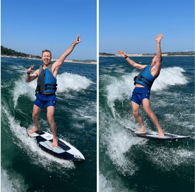 a side by side photo of me wakesurfing