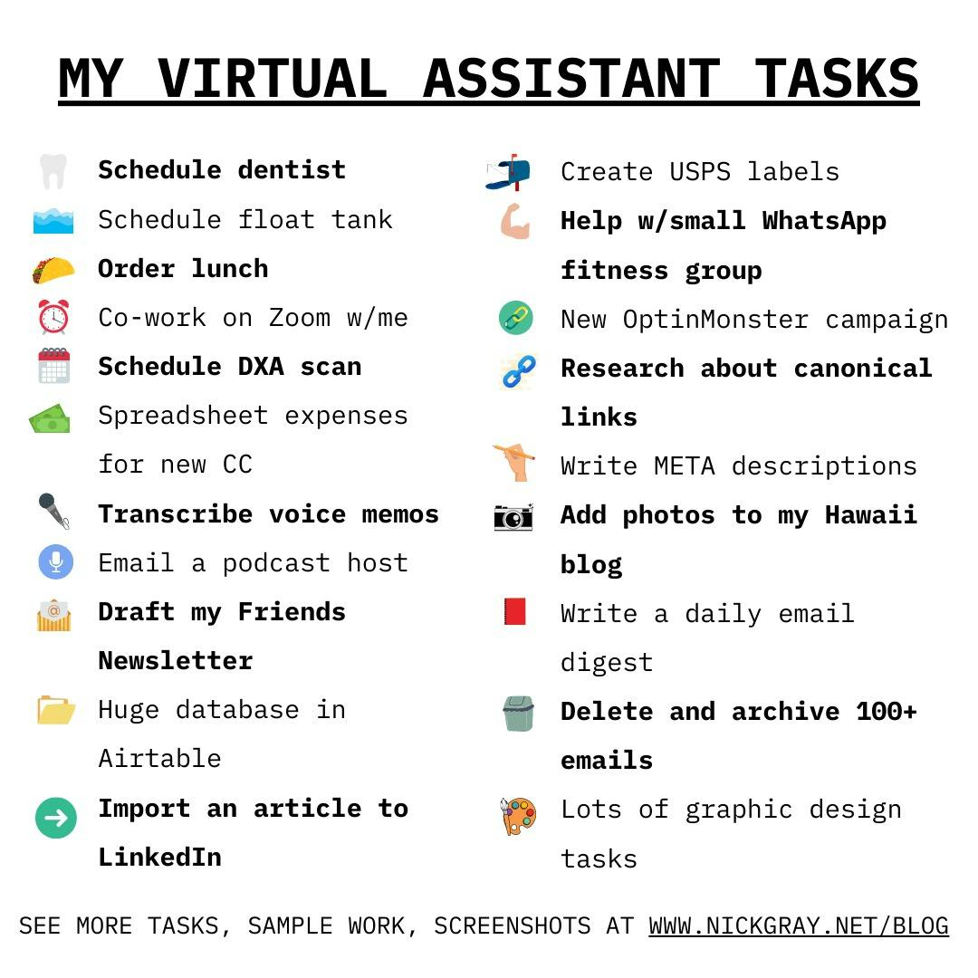 My Virtual Assistant Tasks, a list of items