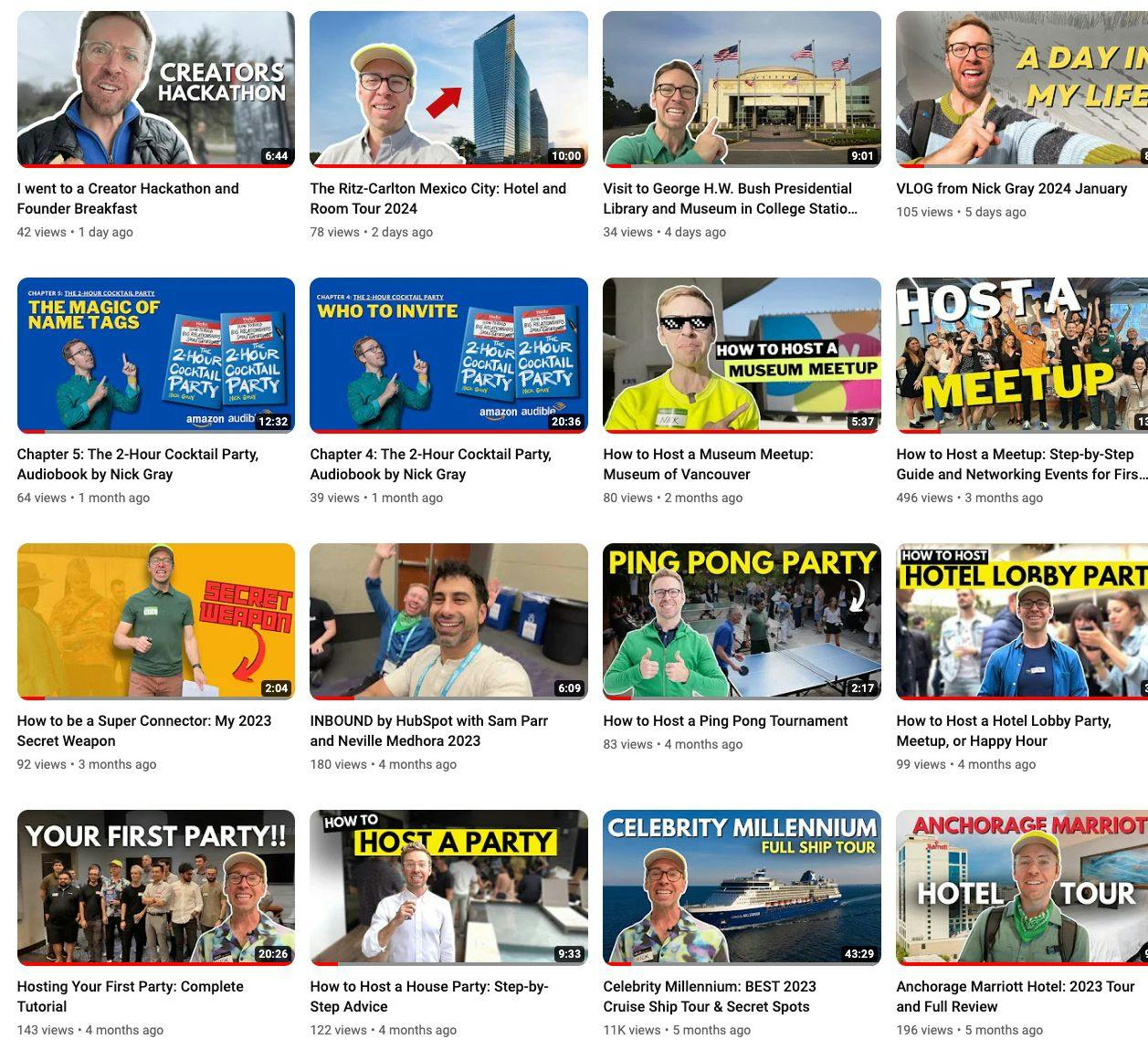 A screenshot showing the YouTube channel page of Nick Gray