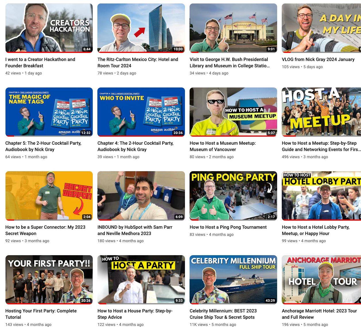 A screenshot showing the YouTube channel page of Nick Gray