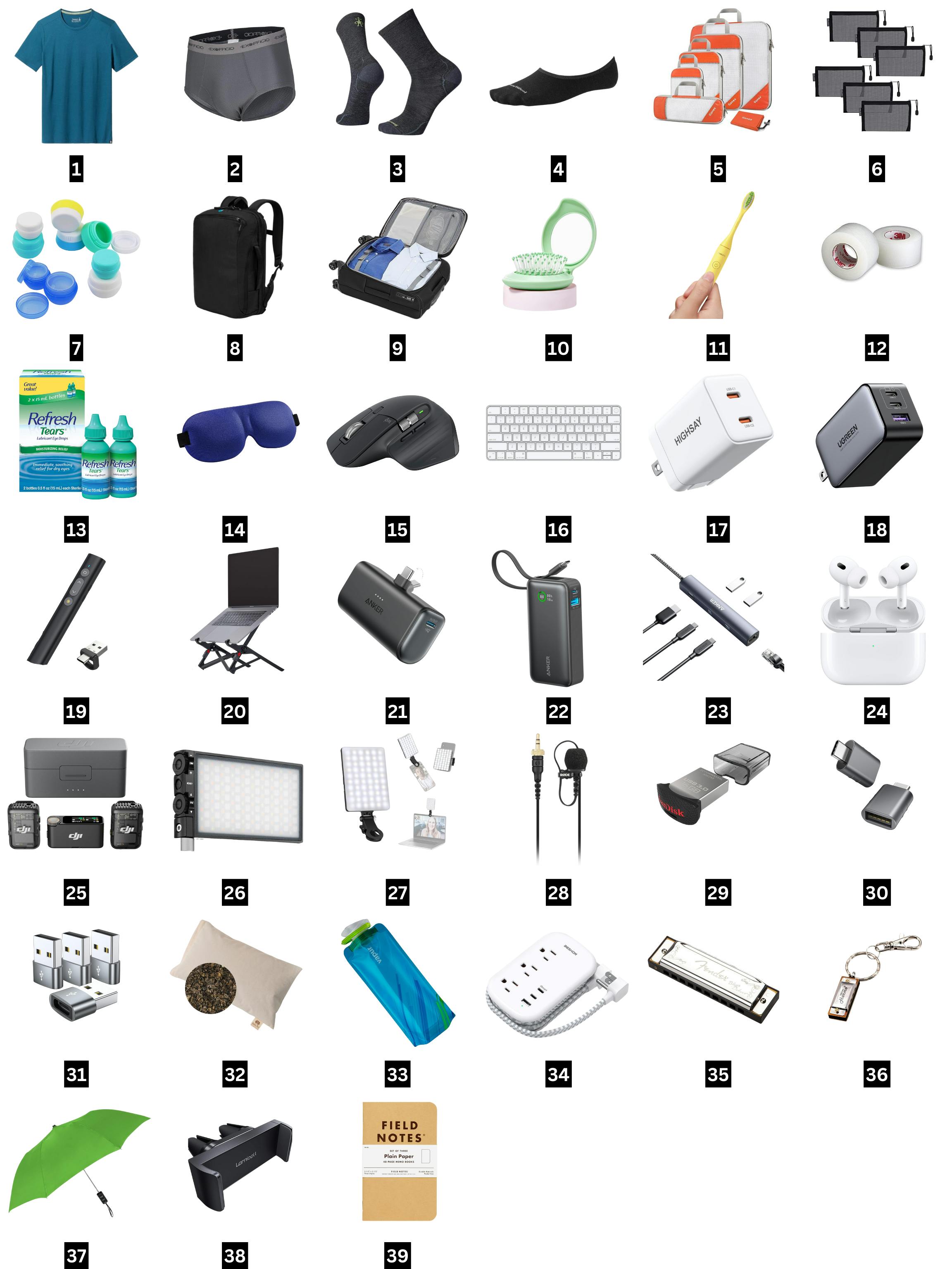 grid photo of all the items from Nick Gray's travel gear list
