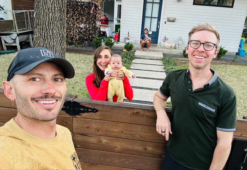 Outdoor photo of Noah Kagan (left), Nick Gray (right) and their neighbor friends holding their babies
