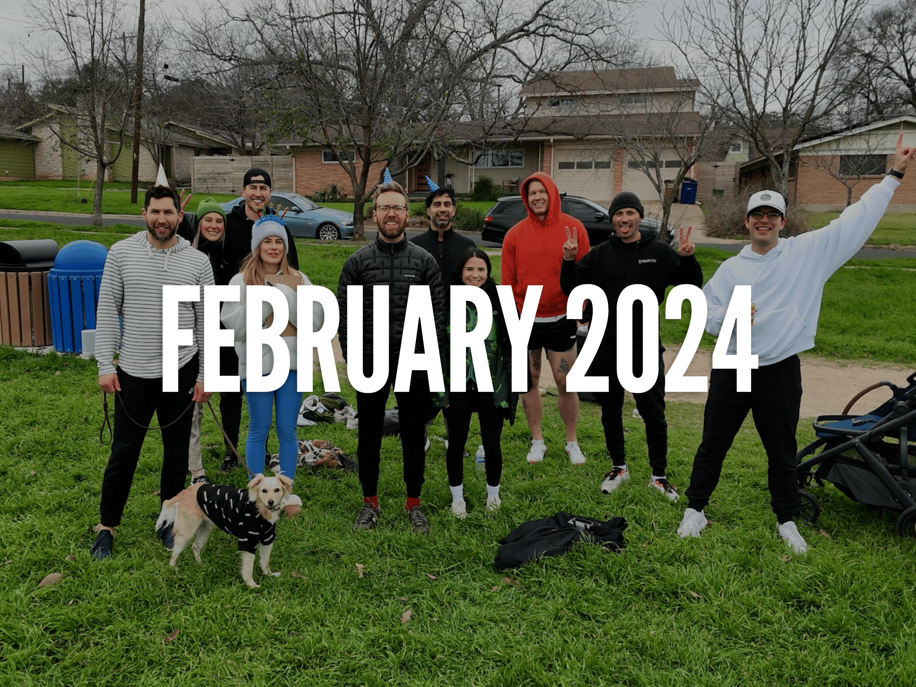 A group photo of Nick and his friends with a text in the middle saying February 2024