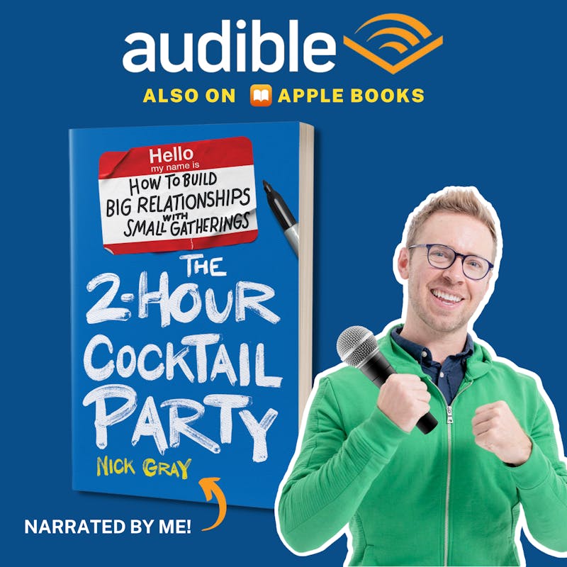 3D photo of The 2-Hour Cocktail Party and Nick Gray on a blue background with Audible logo
