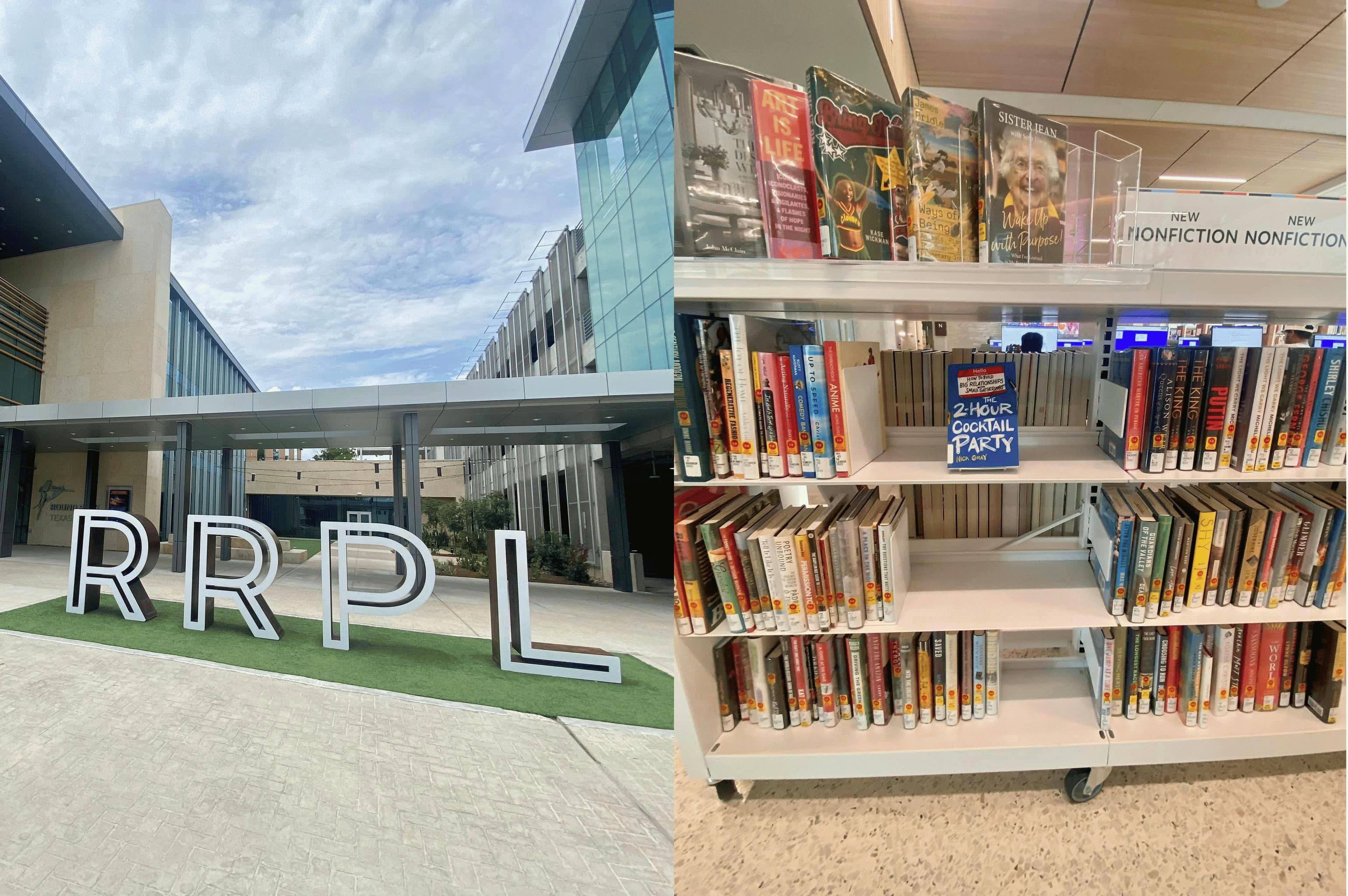 A two collage photo of RRPL library on the left and a photo of The 2-Hour Cocktail Party in a library shelf on the right
