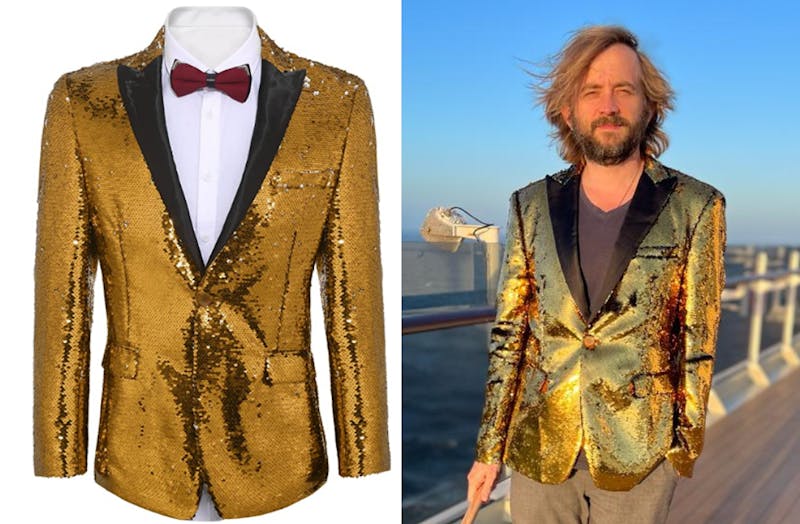 photo of a shiny gold suit on the left and photo of my friend Tynan wearing it on the right