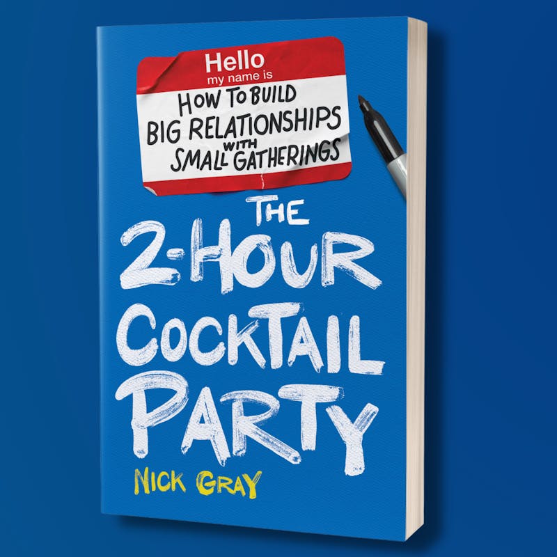 3D photo of The 2-Hour Cocktail Party book on a blue background