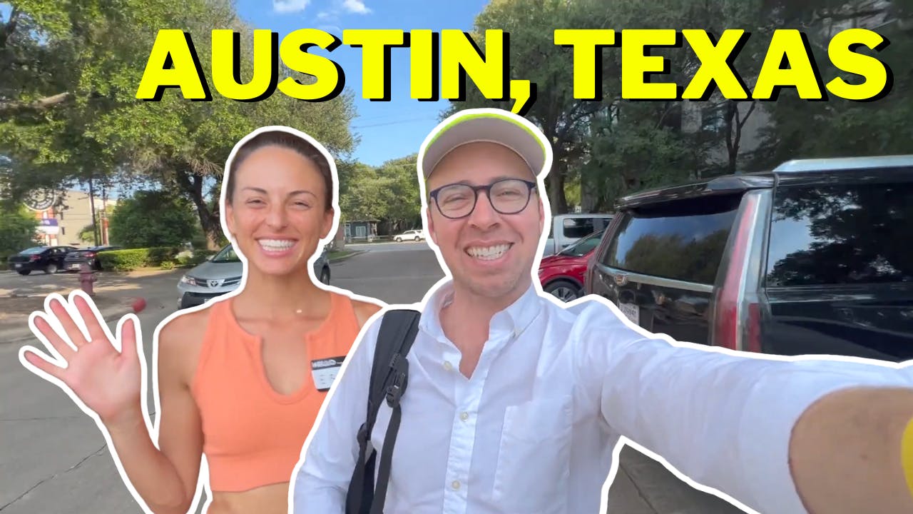 a YouTube thumbail with Austin Texas text in yellow and a selfie of Nick Gray and a woman