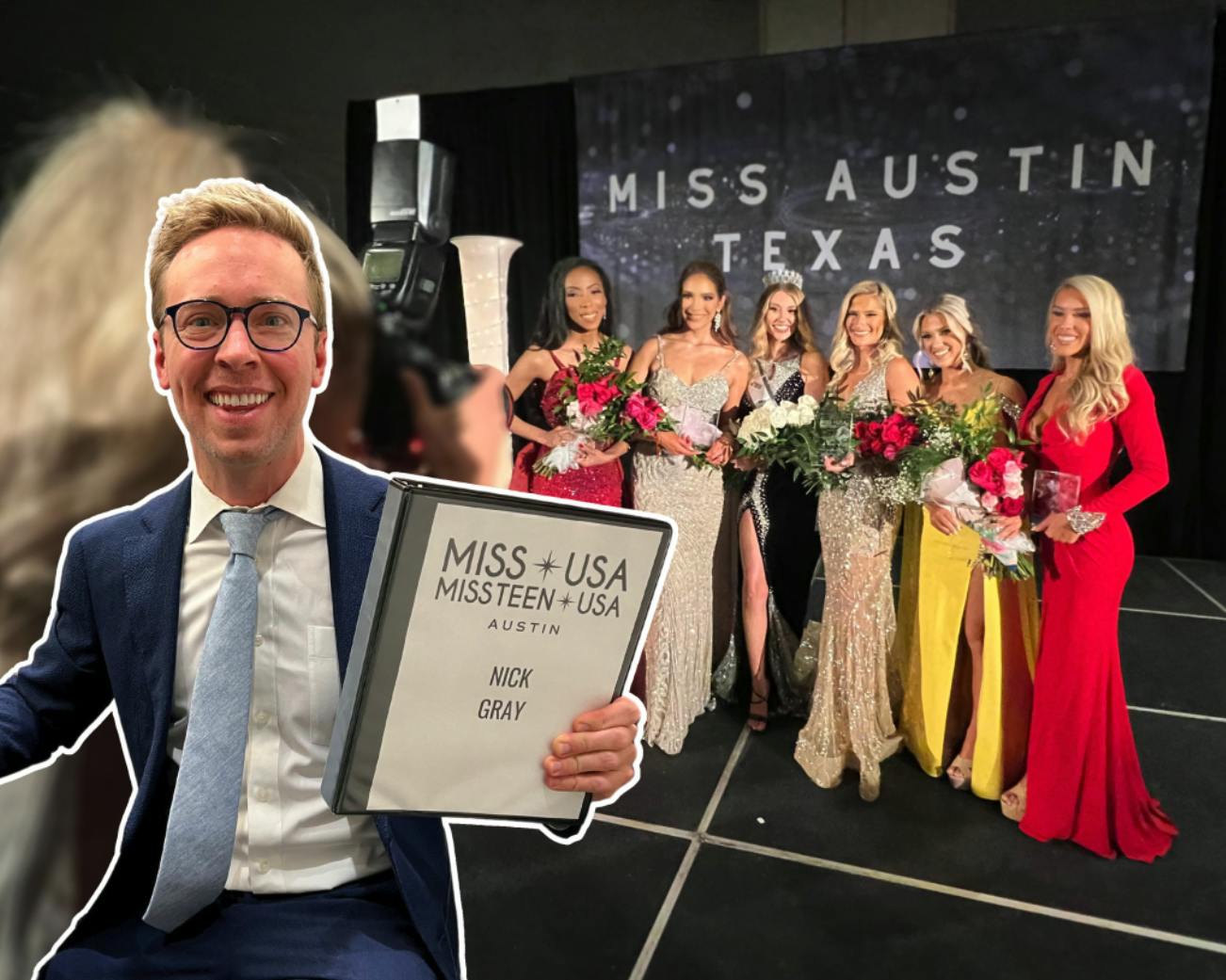 Nick standing in front of the stage with Miss Austin 2022 candidates