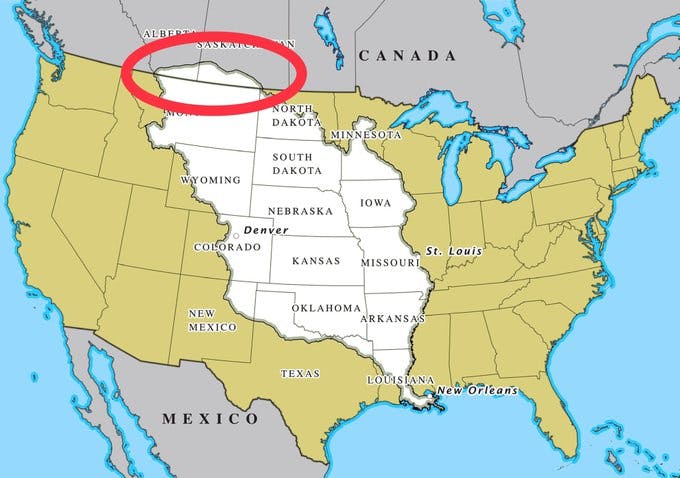 a photo of map showing the part of USA with a red circle in Louisiana
