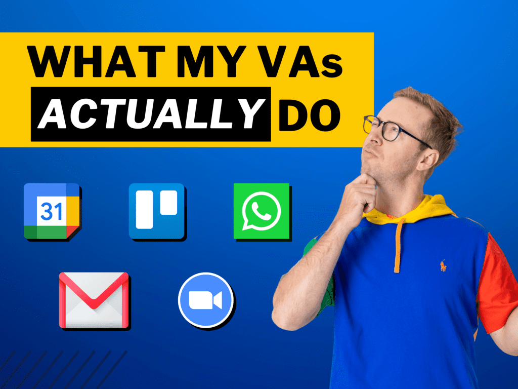 Header text: What My VAs Actually Do, in a blue gradient background with productivity tool logos and a headshot of Nick at the bottom right corner