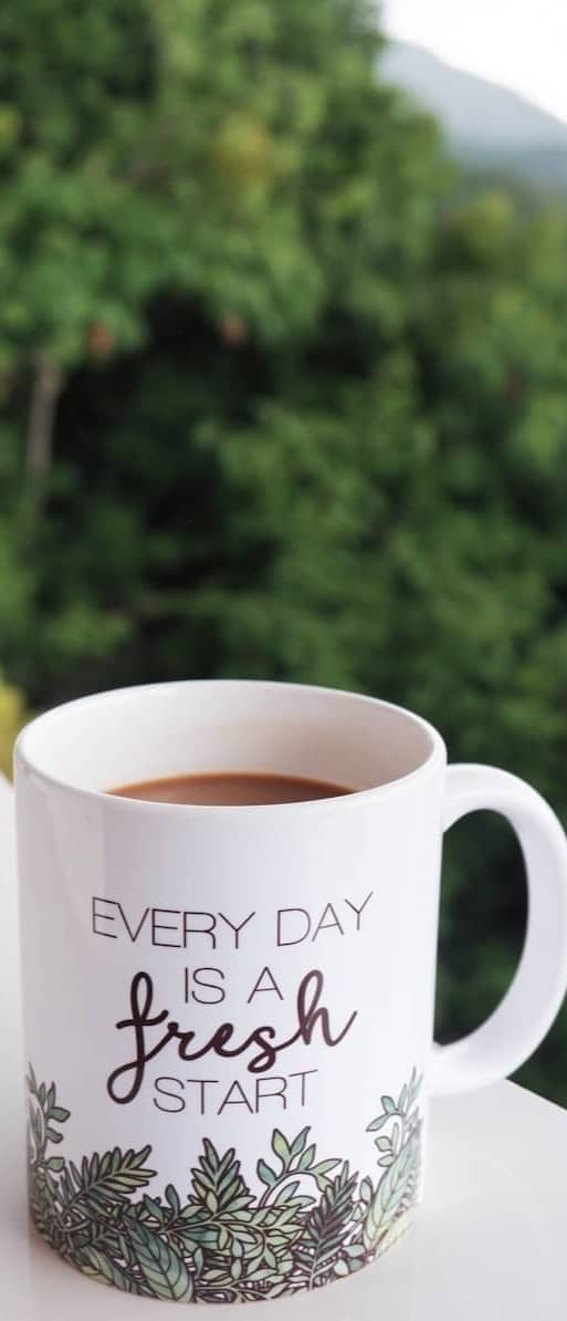 Coffee mug with a scenic mountain background.