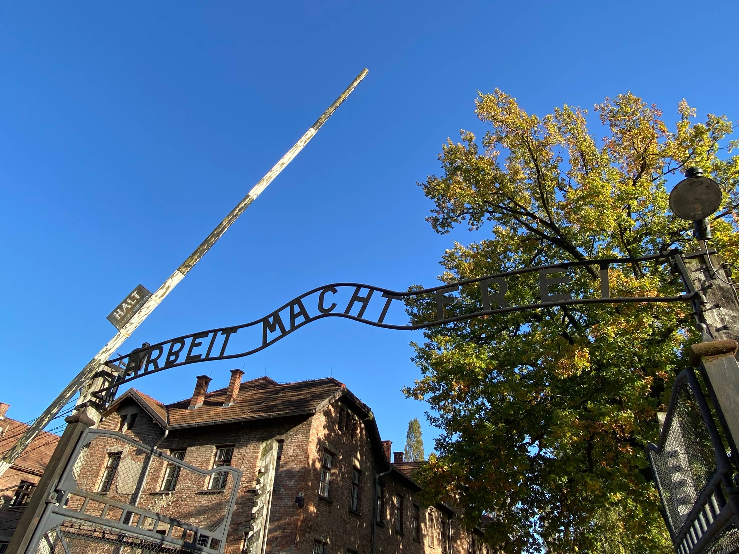 An image of the sign in German at the entrance to Auschwitz that translates to "Work will set you free."