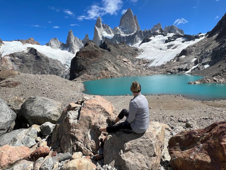 Rachel overlooking a blue lake in Patagonia