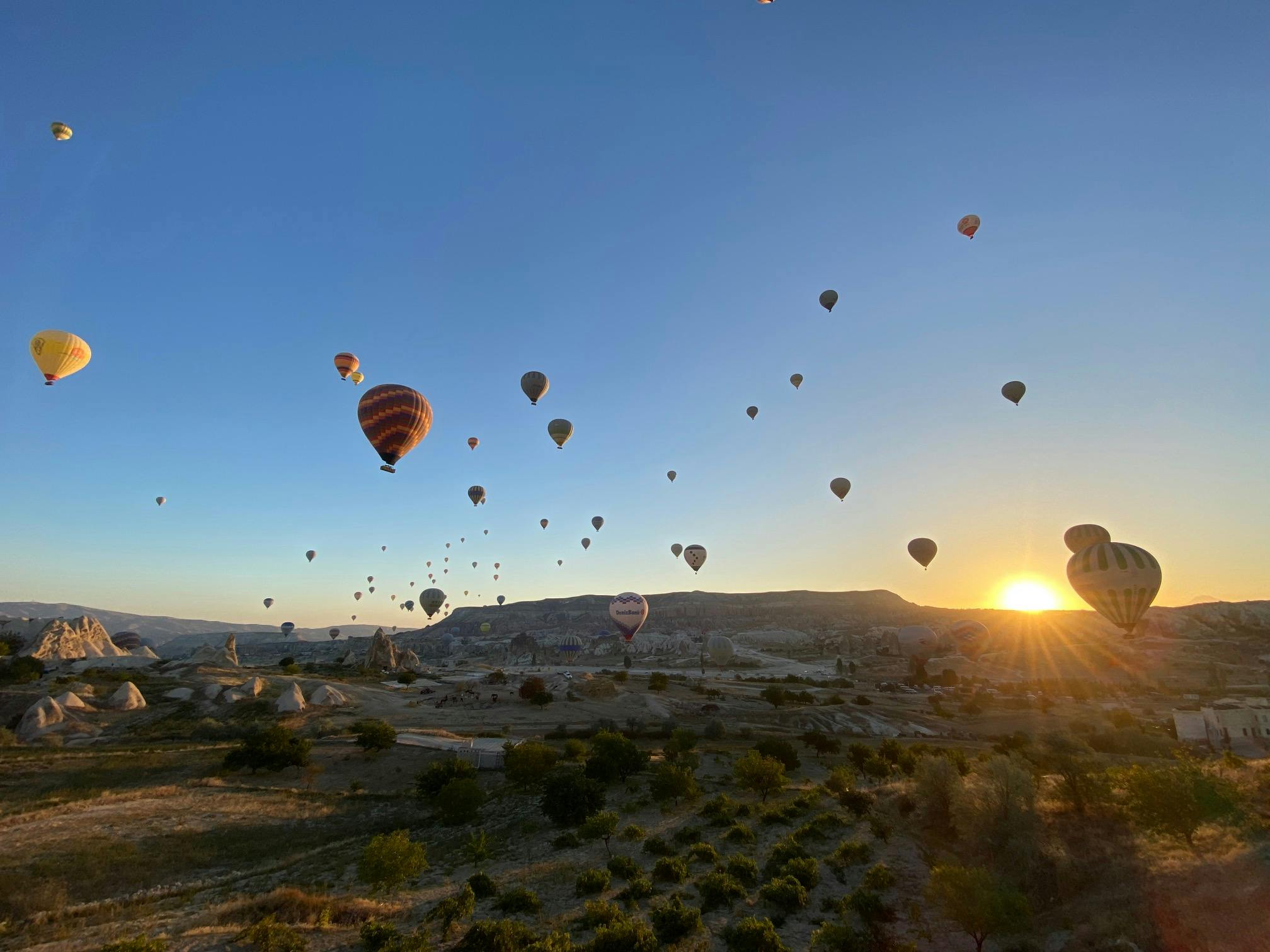 hot air balloon takeoff over Goreme, Cappadocia, Turkey