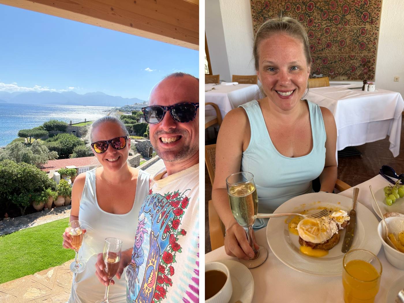 two-sided image of rachel and sasha holding champagne glasses with the sea behind them on the left and rachel enjoying her free breakfast on the right at Elounda Mare Resort