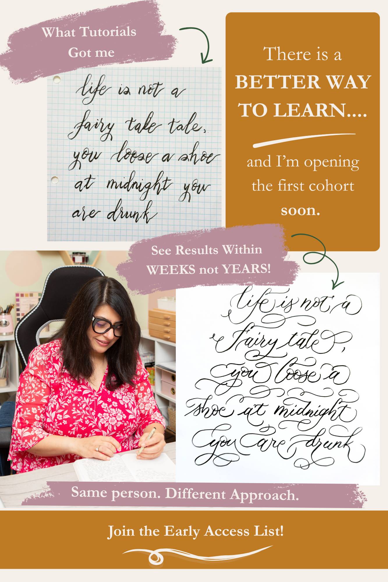 Side-by-side calligraphy comparison showing messy beginner lettering from tutorials and improved brush lettering using a structured method, with artist in center