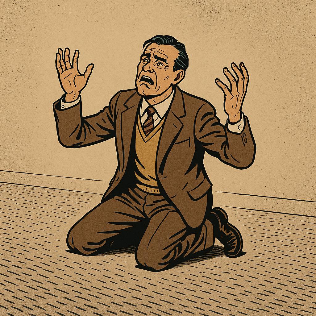 Homme agenouillé en pleine supplication dans style bande déssinée.