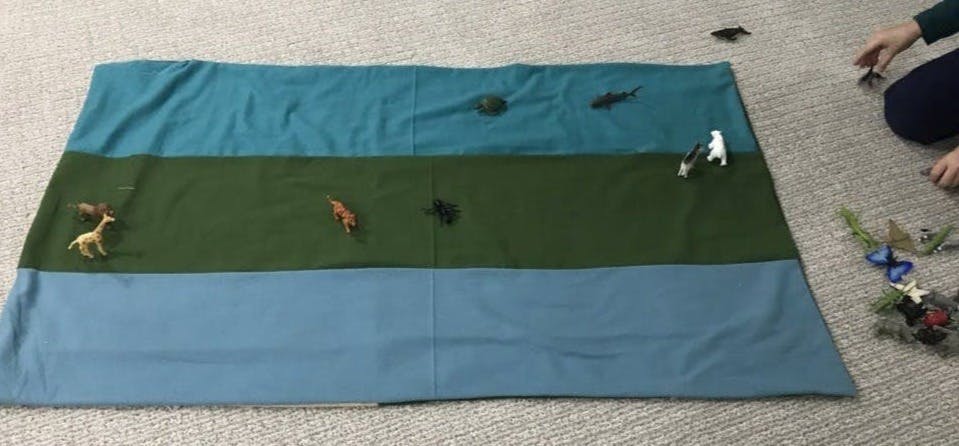 play mat with three different sections for sky, land, and water with various animals positioned on the mat