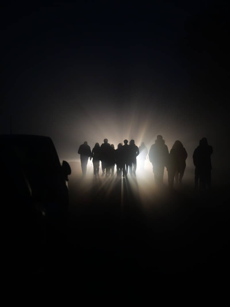 Silhouetted figures emerge from the fog