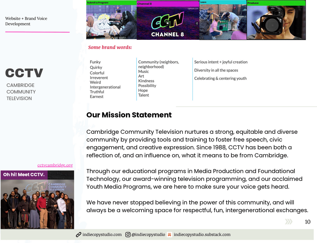 A page of Samantha Pollack's writing portfolio showcasing website copy for CCTV Cambridge