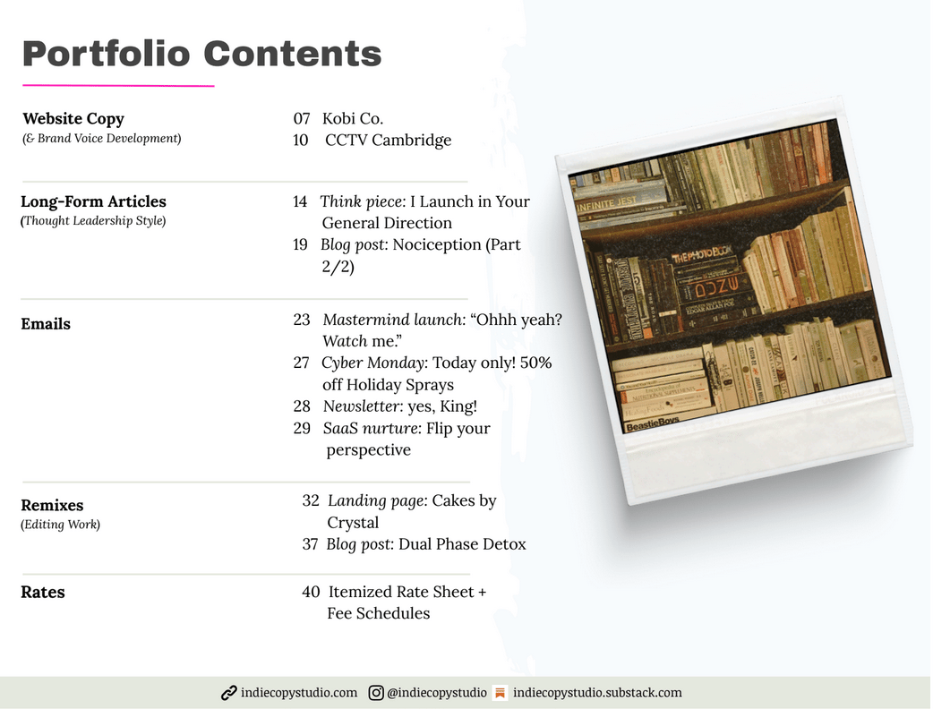 A page of Samantha Pollack's writing portfolio showcasing the portfolio table of contents.