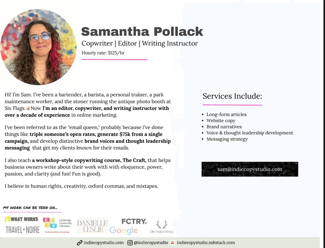 A page of Samantha Pollack's writing portfolio showcasing Sam's bio and list of services she provides.